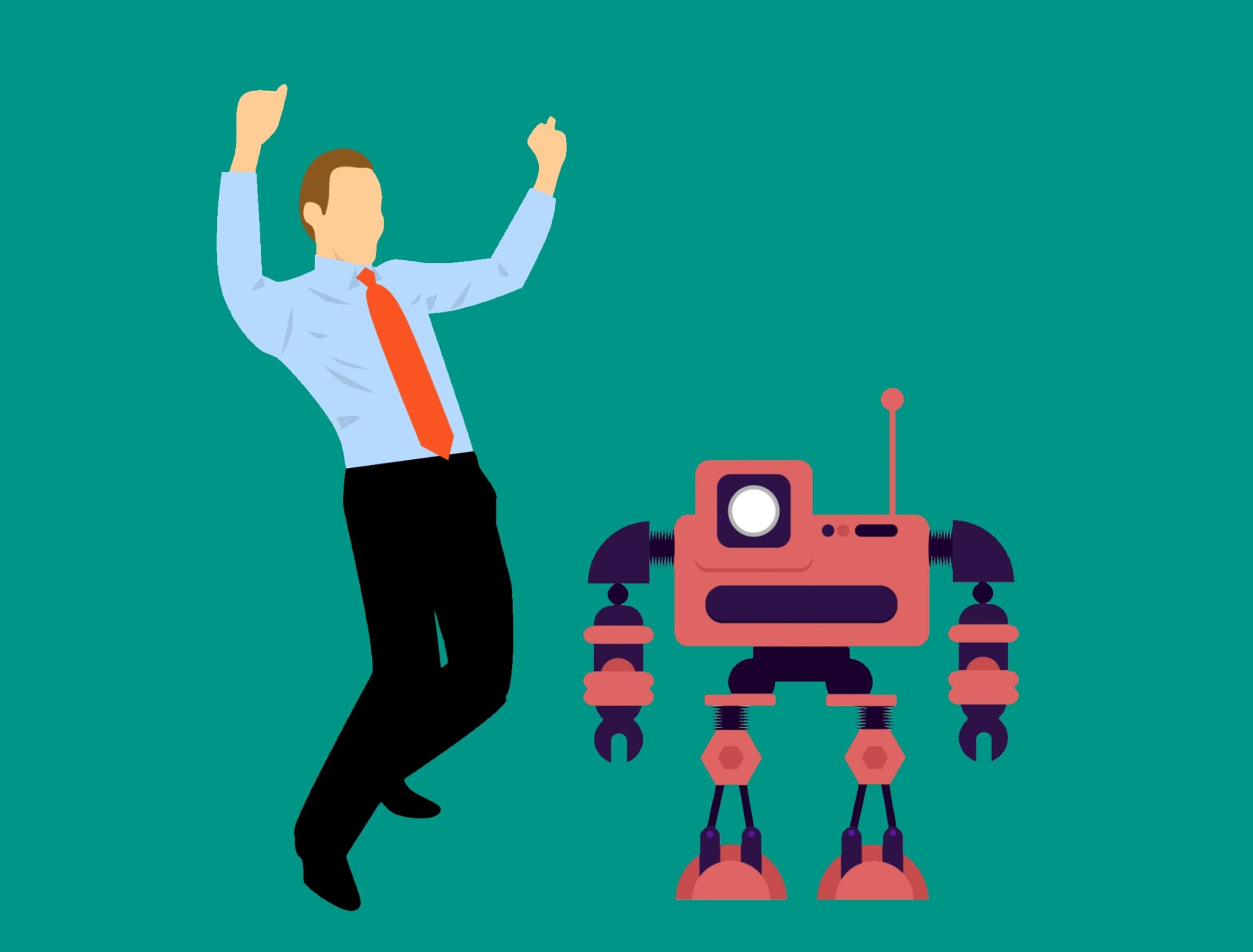 Illustration of a businessman celebrating beside a friendly robot